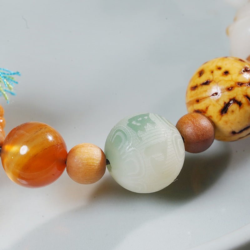 Top - Quality 18 - Seed Multi - Treasure Bodhi Bracelet with Cat Pendant Sandalwood Prayer Beads - STAR8S