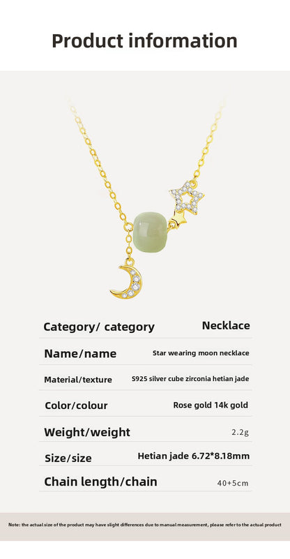 Real Jade Necklace - 925 Silver Star Moon Hetian Collarbone Chain | STAR8S