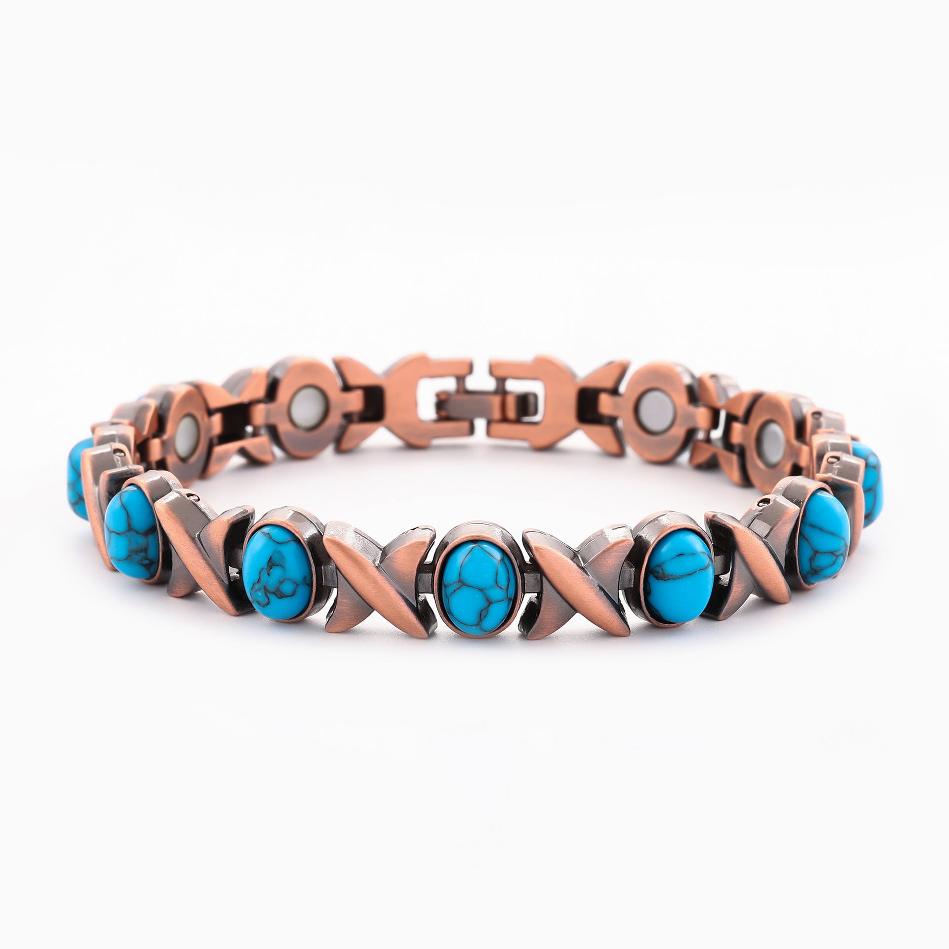 Vintage Bronze Brushed Metal Bracelet with Turquoise & Magnetic Stones – Unisex Design - STAR8S