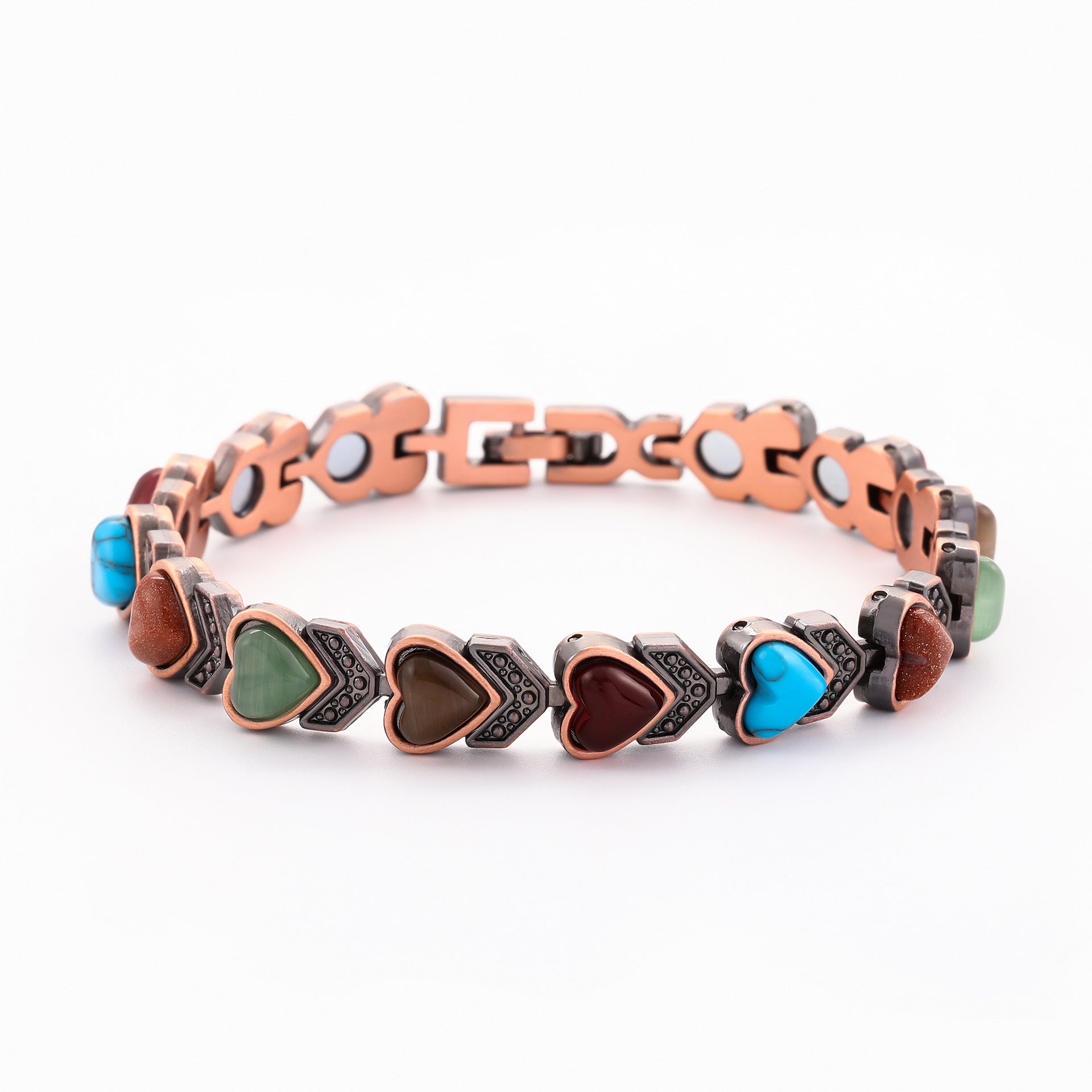 Vintage Bronze Brushed Metal Bracelet with Turquoise & Magnetic Stones – Unisex Design - STAR8S