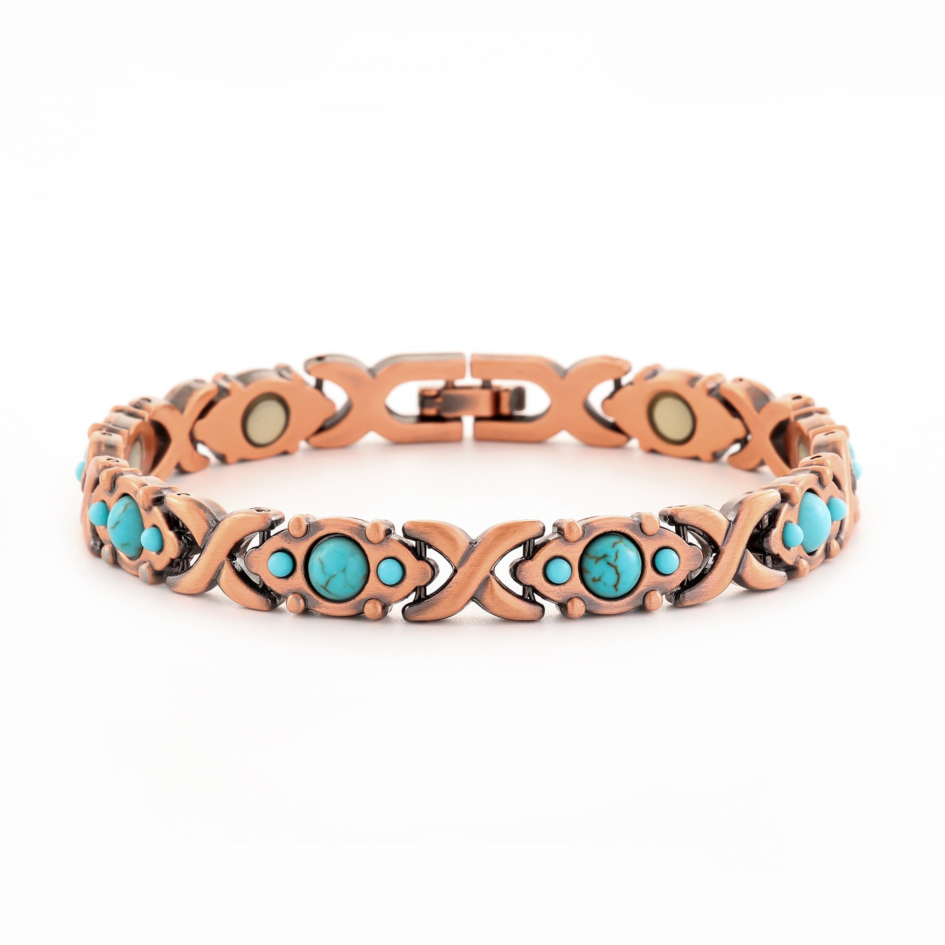 Vintage Bronze Brushed Metal Bracelet with Turquoise & Magnetic Stones – Unisex Design - STAR8S