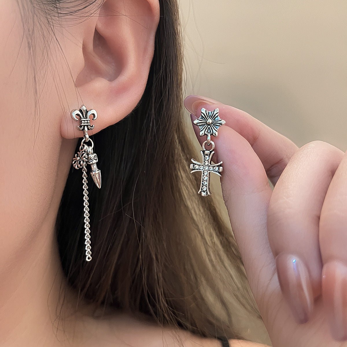 vintage gothic cross earrings – punk tassel asymmetrical stud jewelry for women - star8s