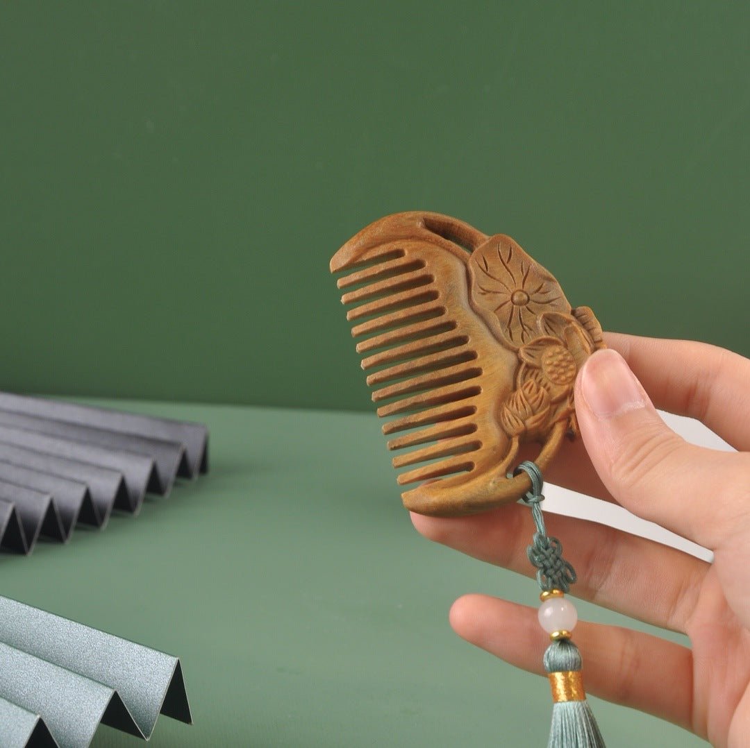 Vintage Green Sandalwood Comb with Lotus Carving - Portable Mini Hair Comb - Perfect Gift - STAR8S