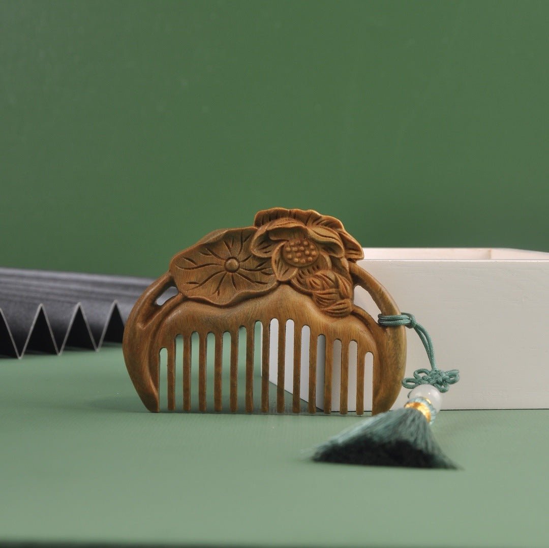 Vintage Green Sandalwood Comb with Lotus Carving - Portable Mini Hair Comb - Perfect Gift - STAR8S