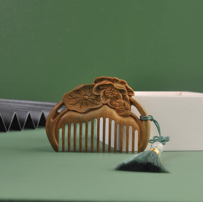 Vintage Green Sandalwood Comb with Lotus Carving - Portable Mini Hair Comb - Perfect Gift - STAR8S