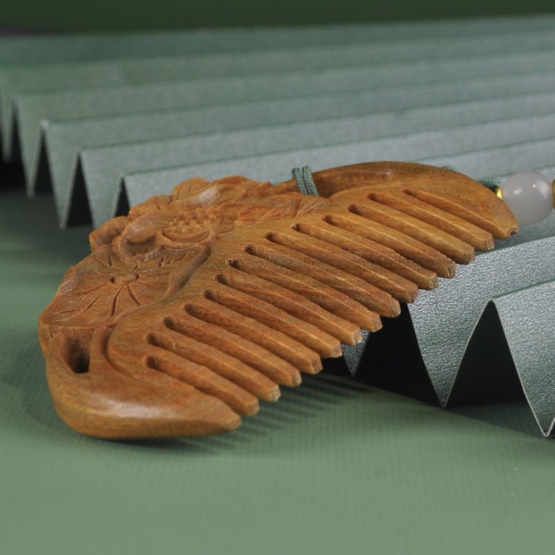 Vintage Green Sandalwood Comb with Lotus Carving - Portable Mini Hair Comb - Perfect Gift - STAR8S