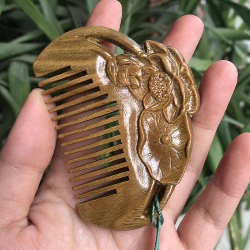 Vintage Green Sandalwood Comb with Lotus Carving - Portable Mini Hair Comb - Perfect Gift - STAR8S