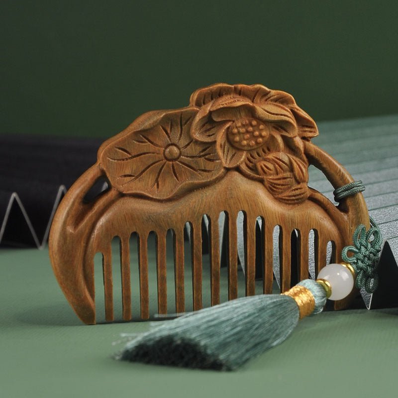 vintage green sandalwood comb with lotus carving - portable mini hair comb - perfect gift - star8s