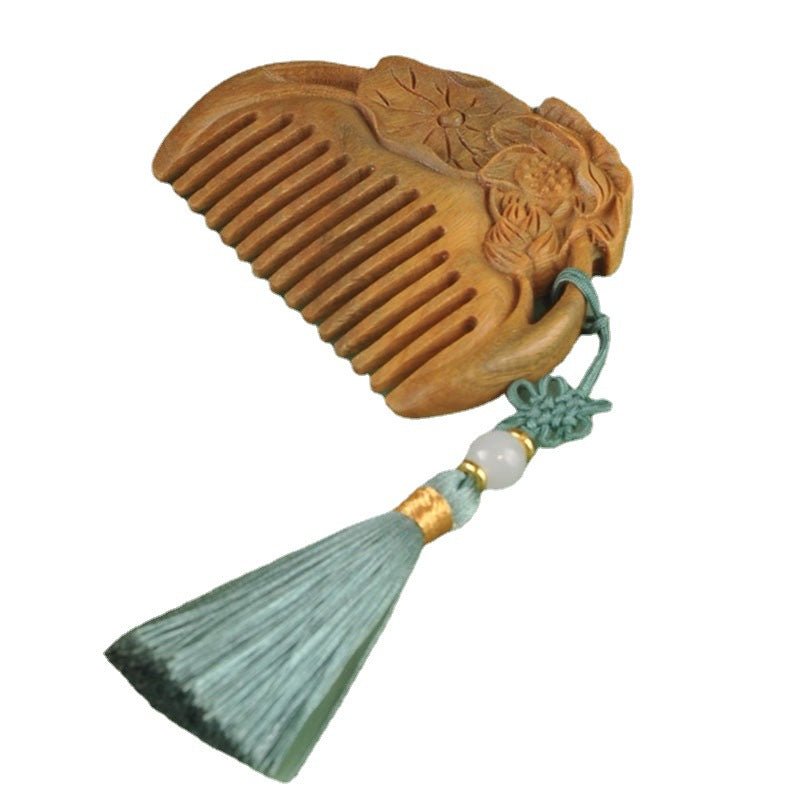 Vintage Green Sandalwood Comb with Lotus Carving - Portable Mini Hair Comb - Perfect Gift - STAR8S