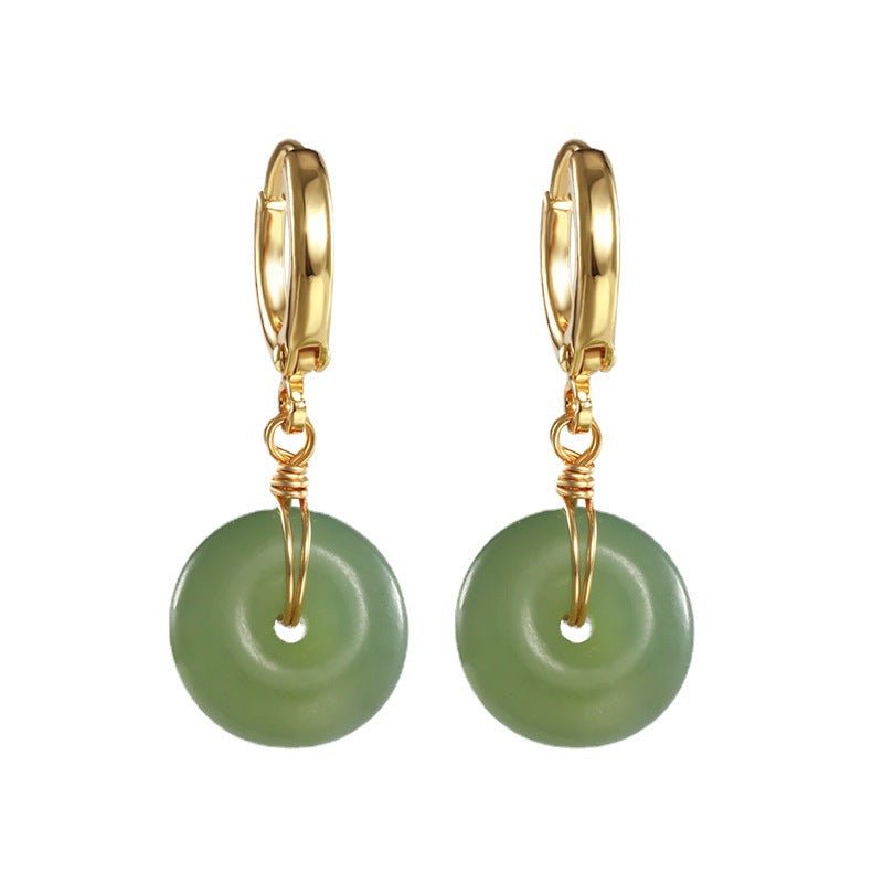 Vintage Hetian Jade Bread Button Earrings – 10mm Bohemian Style with Gold Plated Hoops - STAR8S