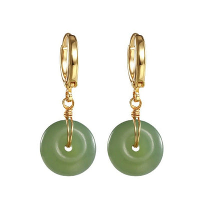 Vintage Hetian Jade Bread Button Earrings – 10mm Bohemian Style with Gold Plated Hoops - STAR8S