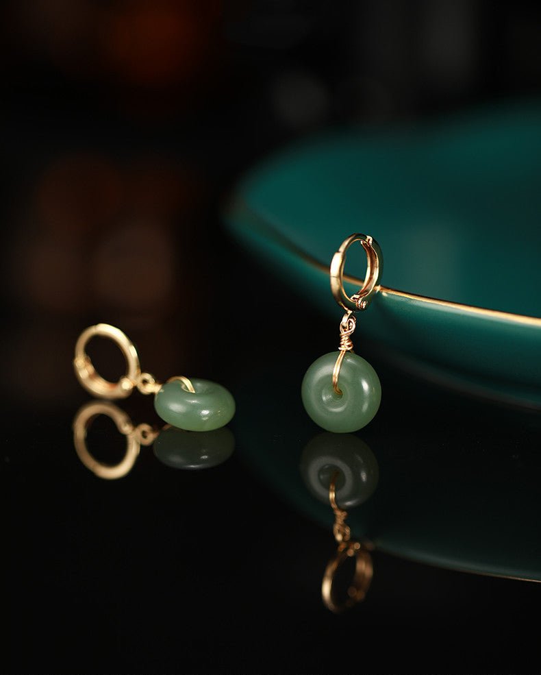 Vintage Hetian Jade Bread Button Earrings – 10mm Bohemian Style with Gold Plated Hoops - STAR8S