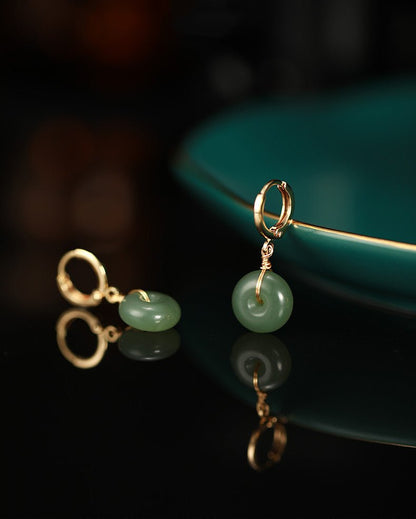 Vintage Hetian Jade Bread Button Earrings – 10mm Bohemian Style with Gold Plated Hoops - STAR8S