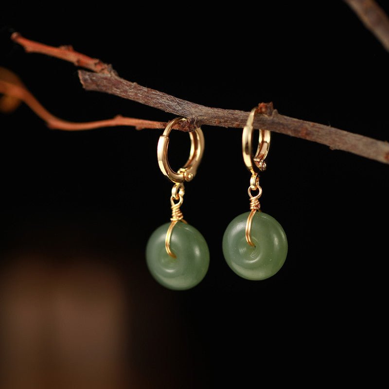 Vintage Hetian Jade Bread Button Earrings – 10mm Bohemian Style with Gold Plated Hoops - STAR8S