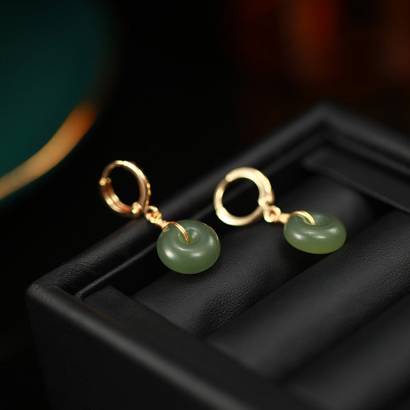 Vintage Hetian Jade Bread Button Earrings – 10mm Bohemian Style with Gold Plated Hoops - STAR8S