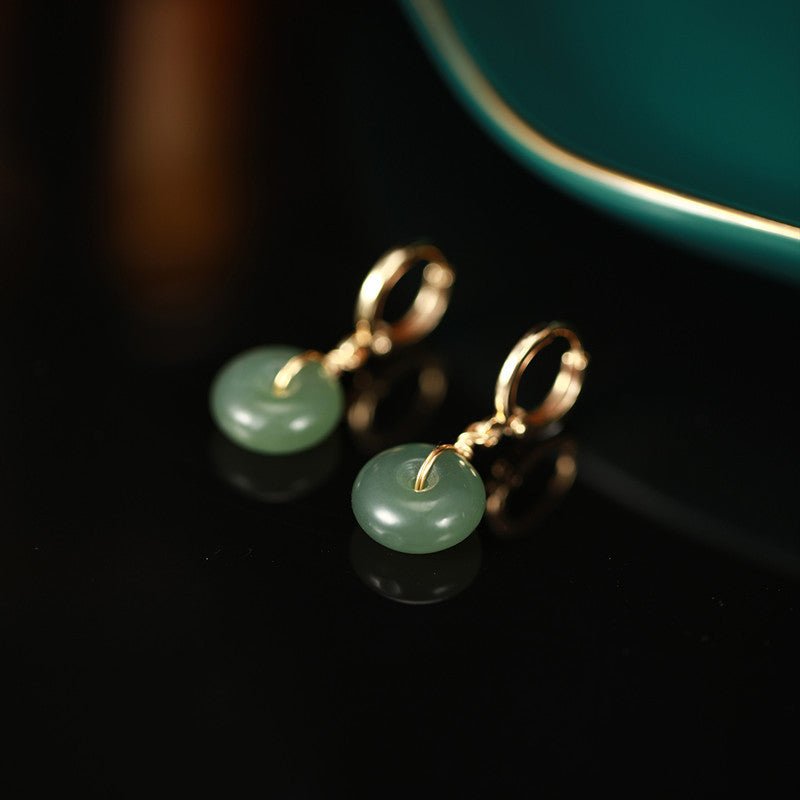 Vintage Hetian Jade Bread Button Earrings – 10mm Bohemian Style with Gold Plated Hoops - STAR8S