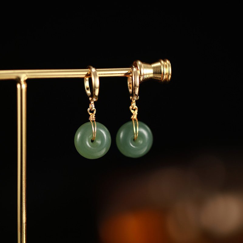 Vintage Hetian Jade Bread Button Earrings – 10mm Bohemian Style with Gold Plated Hoops - STAR8S