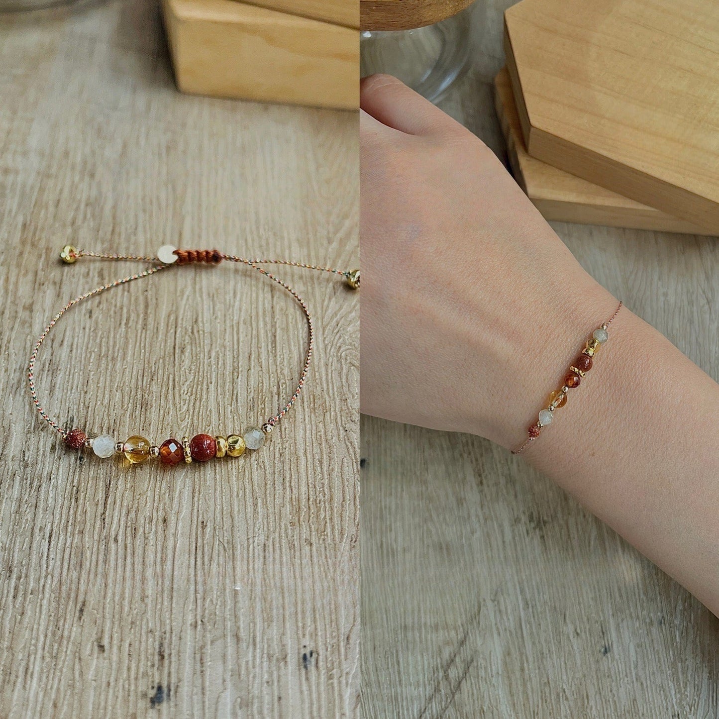 wealth & prosperity red string bracelet - citrine & goldstone for good luck - star8s