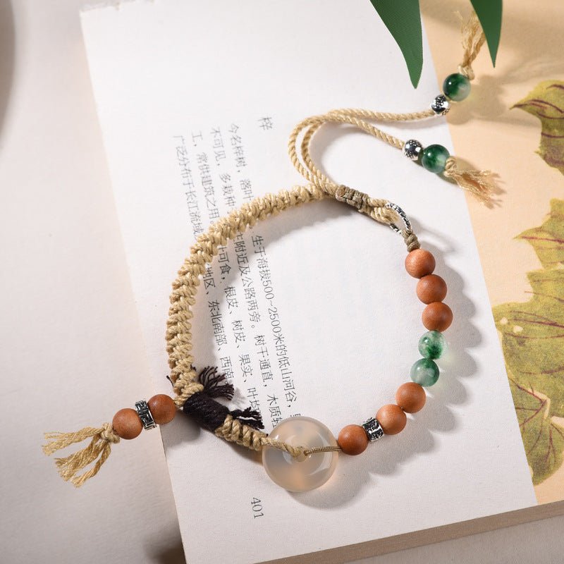White Agate Peace‑Coin Hand‑woven Bracelet | Ethnic Boho Style with Sandalwood Beads - STAR8S