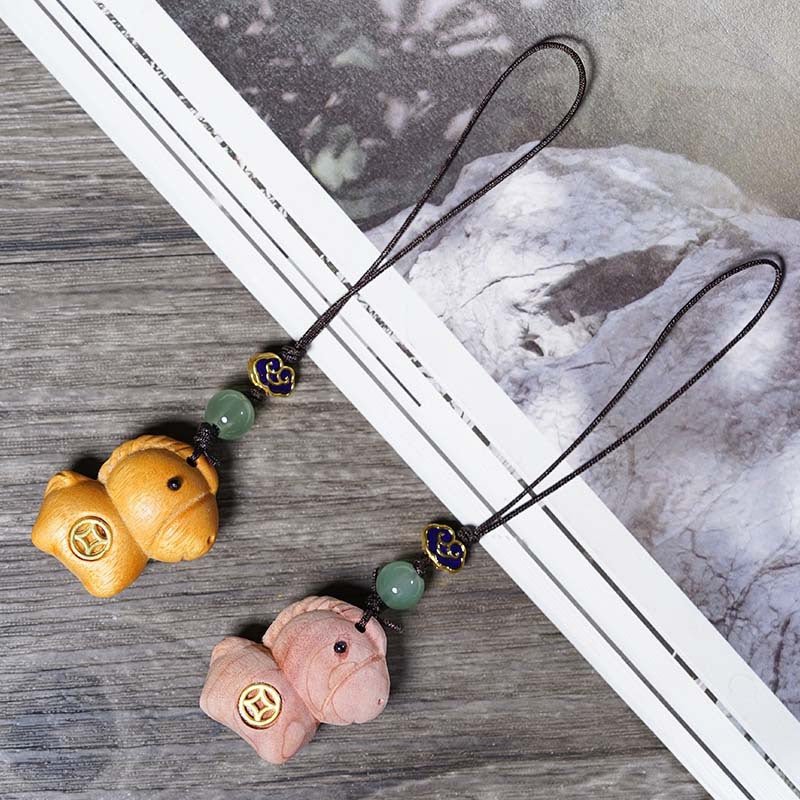 Wooden Keychain Horse Zodiac Car Pendant, Handmade Sandalwood & Cypress - STAR8S