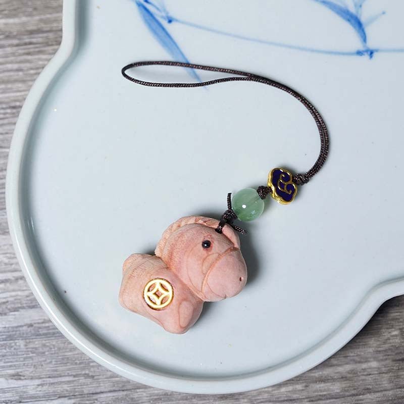 Wooden Keychain Horse Zodiac Car Pendant, Handmade Sandalwood & Cypress - STAR8S